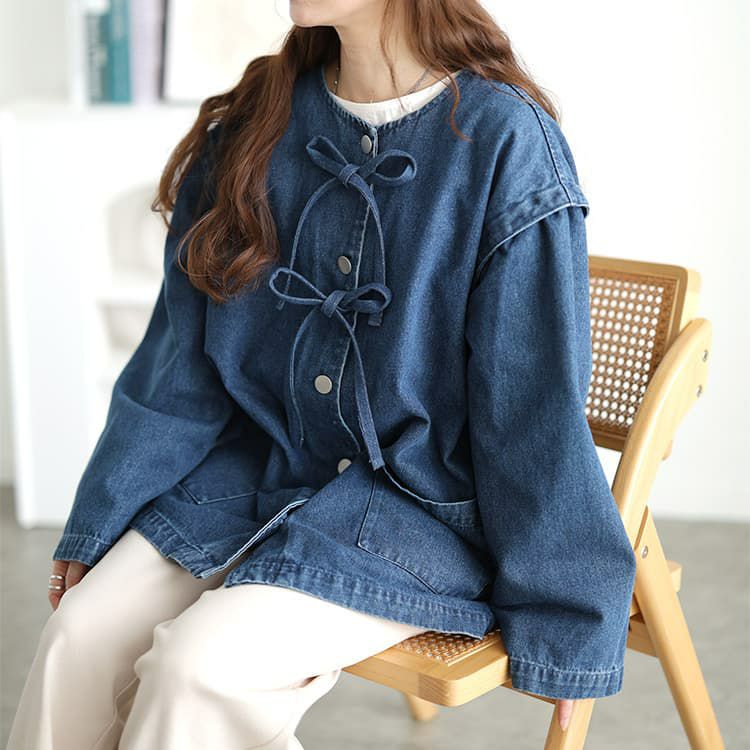 大きいサイズ レディース リボン使いルーズデニムジャケット