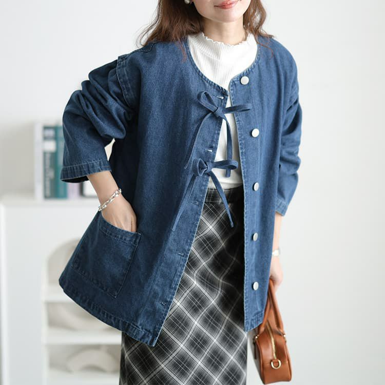 大きいサイズ レディース リボン使いルーズデニムジャケット