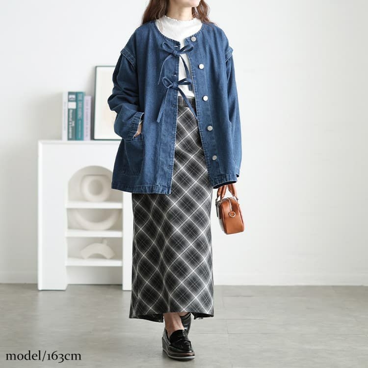 大きいサイズ レディース リボン使いルーズデニムジャケット