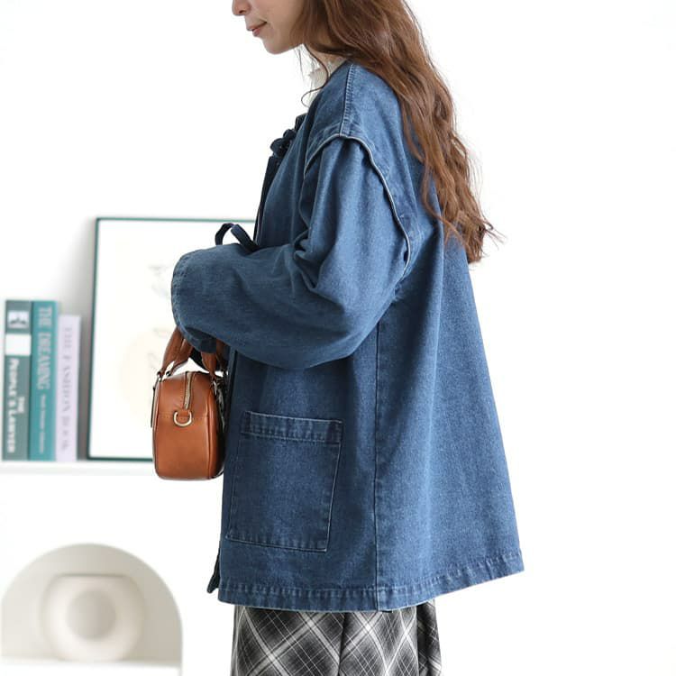 大きいサイズ レディース リボン使いルーズデニムジャケット