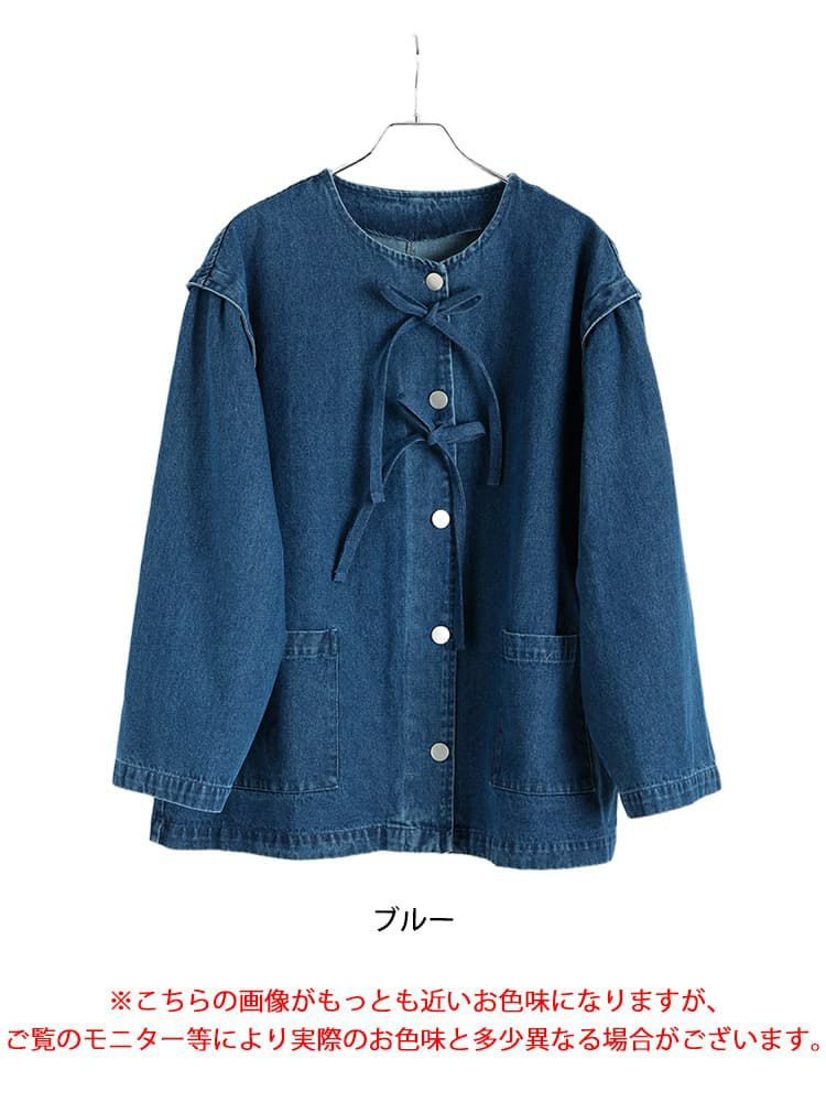 大きいサイズ レディース リボン使いルーズデニムジャケット