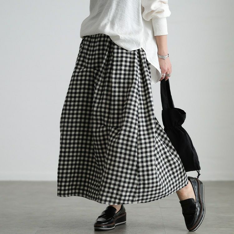 大きいサイズ レディース ギンガムチェック柄タックコクーンスカート