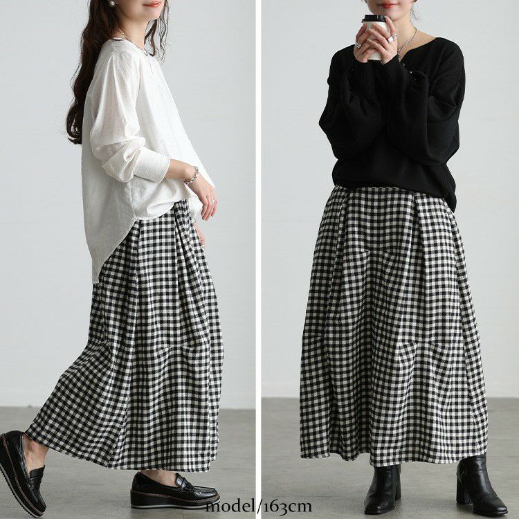 大きいサイズ レディース ギンガムチェック柄タックコクーンスカート