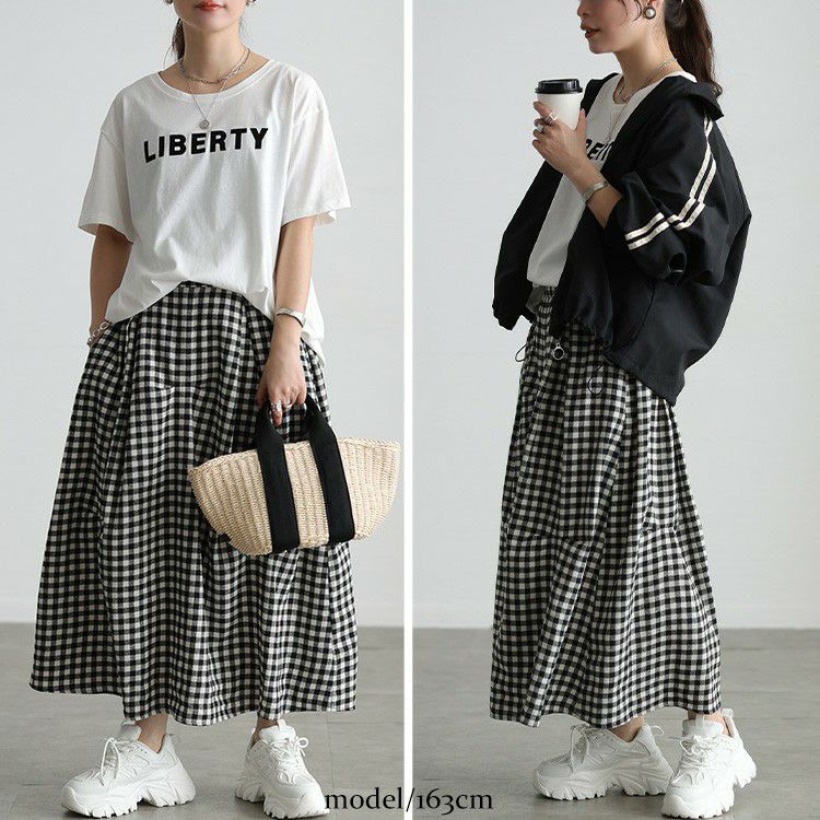大きいサイズ レディース ギンガムチェック柄タックコクーンスカート
