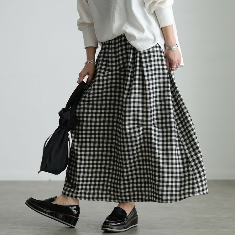 大きいサイズ レディース ギンガムチェック柄タックコクーンスカート