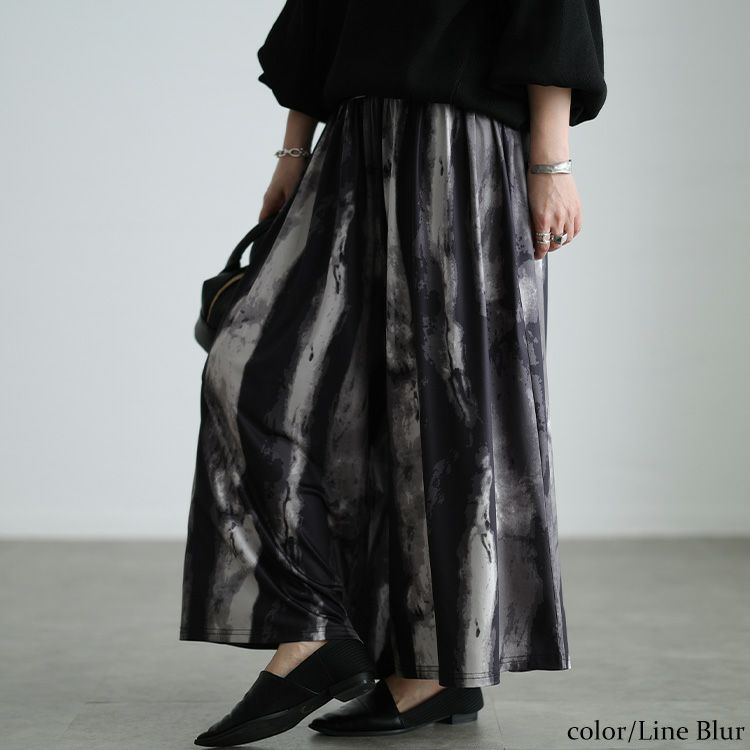 大きいサイズ レディース ストレッチプリントワイドパンツ ライン柄ぼかし