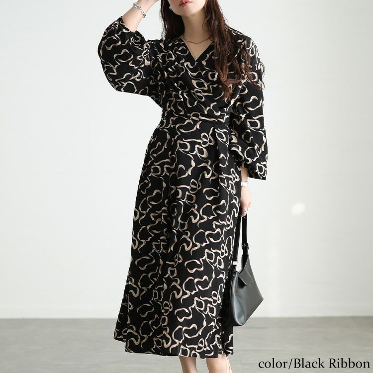 大きいサイズ レディース カシュクールウエストタックワンピース ブラックリボン柄