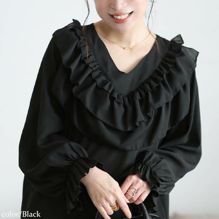 大きいサイズ レディース ティアードフリルVネックブラウス