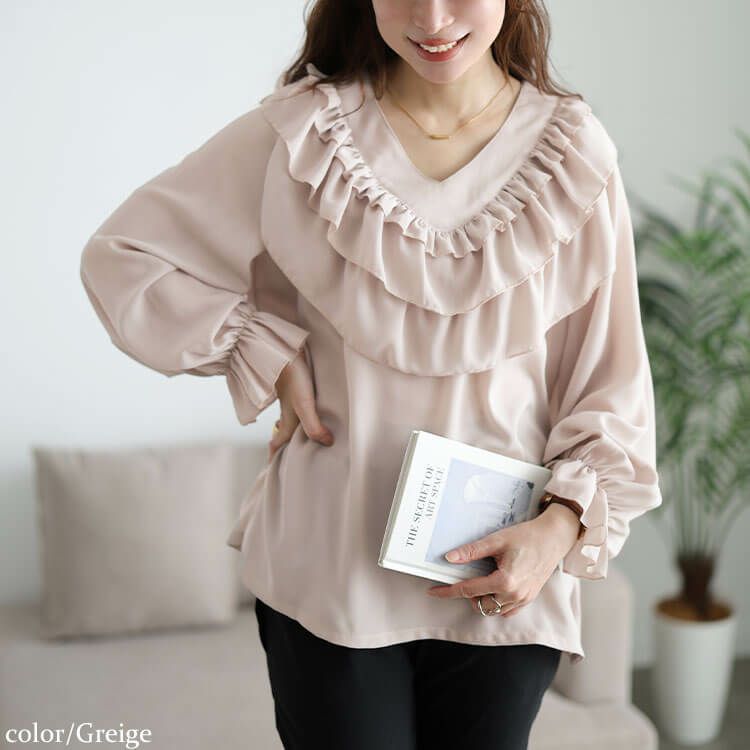 大きいサイズ レディース ティアードフリルVネックブラウス