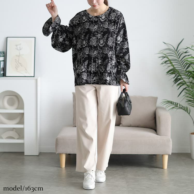 大きいサイズ レディース 花柄消しプリーツキャンディスリーブブラウス