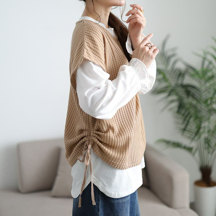 大きいサイズ レディース 脇シャーリングベスト＆キャンディスリーブロンT2点セット