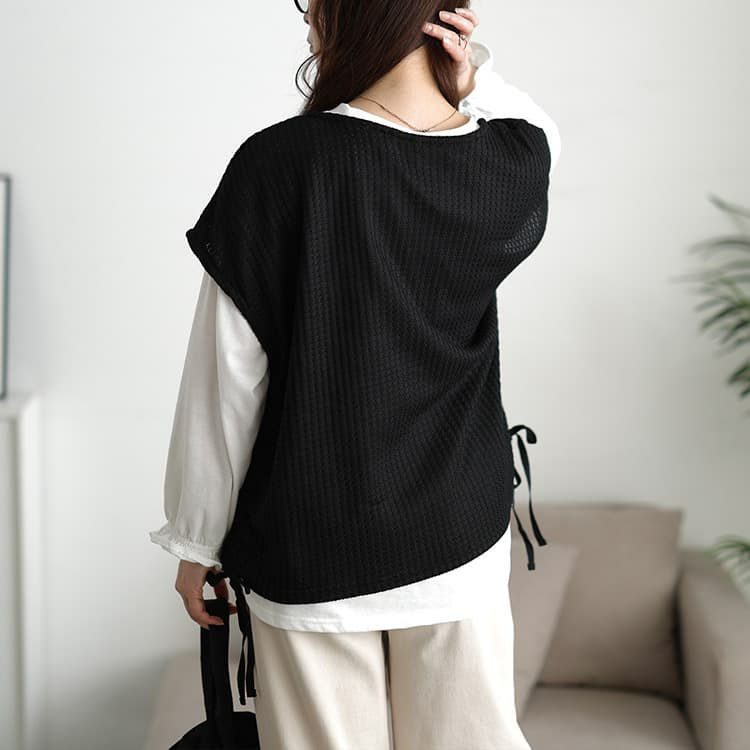 大きいサイズ レディース 脇シャーリングベスト＆キャンディスリーブロンT2点セット