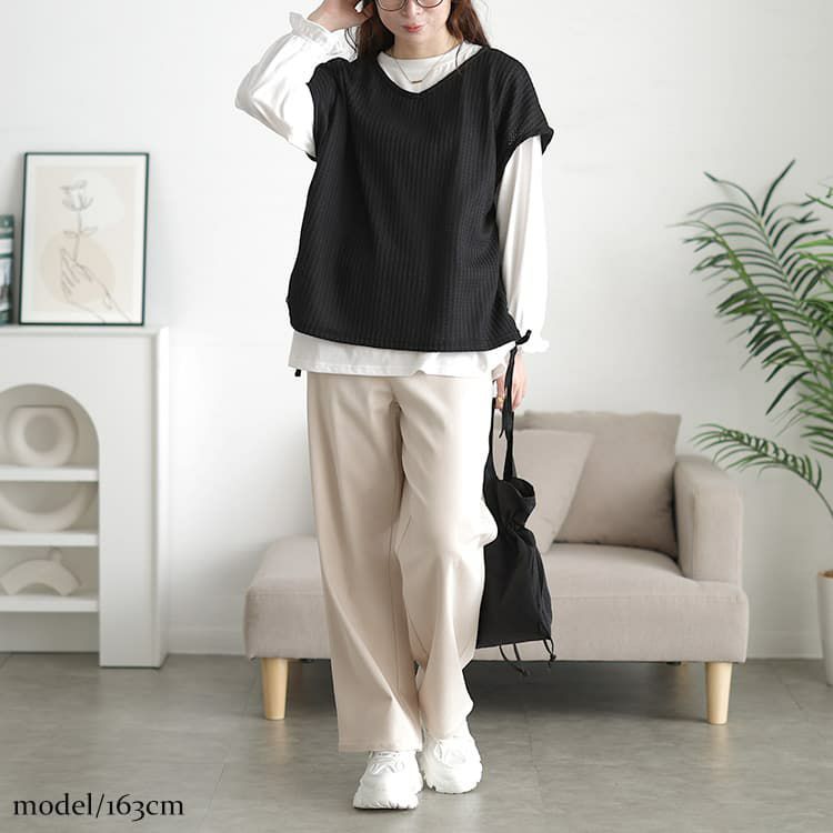 大きいサイズ レディース 脇シャーリングベスト＆キャンディスリーブロンT2点セット