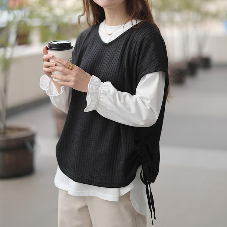 大きいサイズ レディース 脇シャーリングベスト＆キャンディスリーブロンT2点セット ブラック