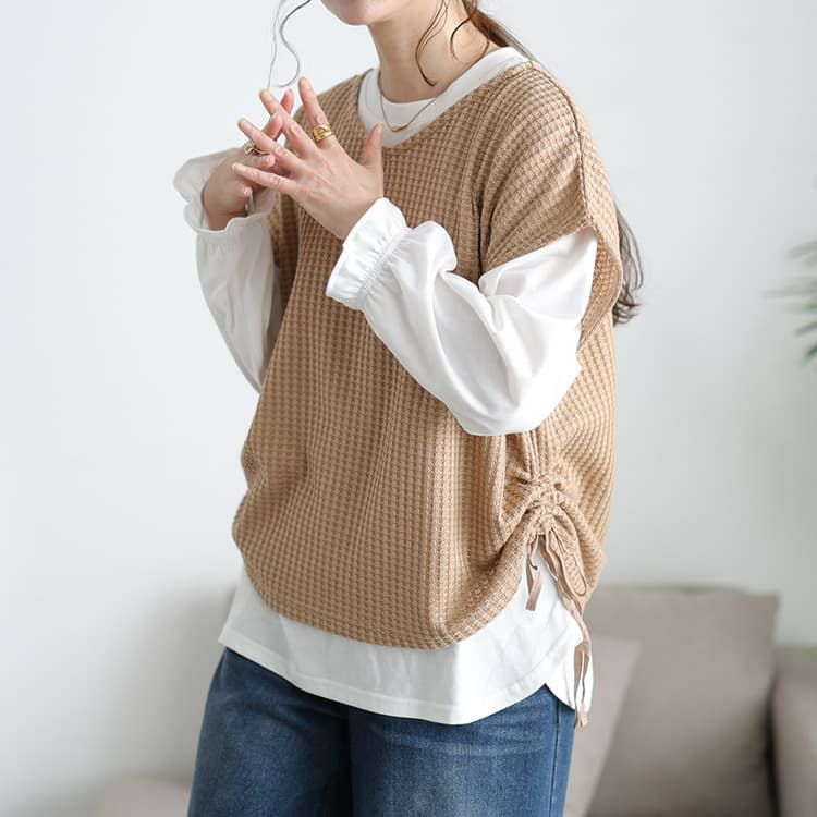 大きいサイズ レディース 脇シャーリングベスト＆キャンディスリーブロンT2点セット ベージュ