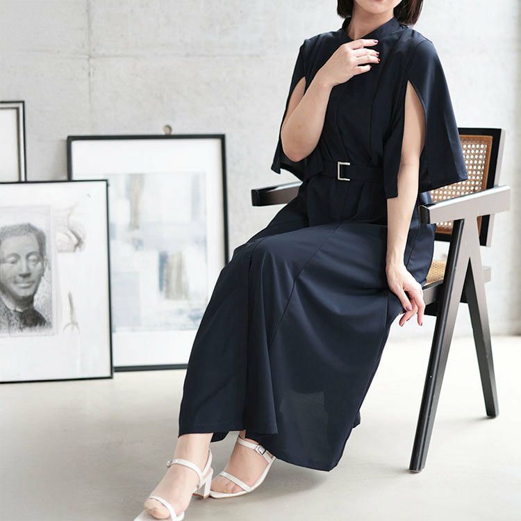 大きいサイズ レディース ケープスリーブベルトワンピース