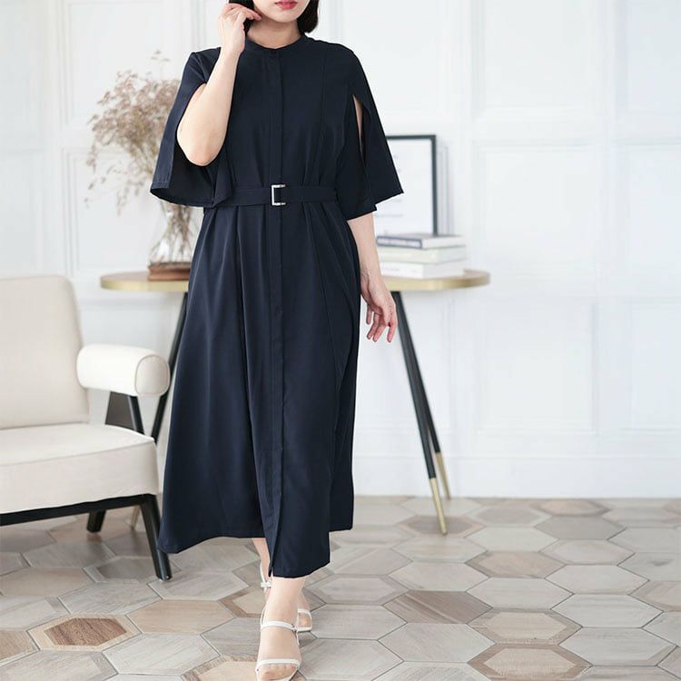 大きいサイズ レディース ケープスリーブベルトワンピース