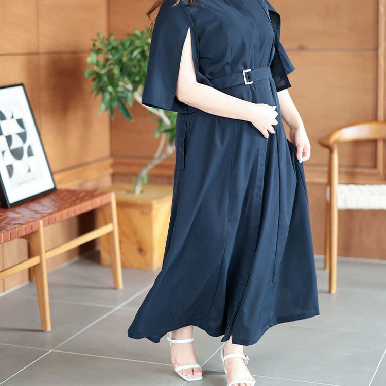 大きいサイズ レディース ケープスリーブベルトワンピース