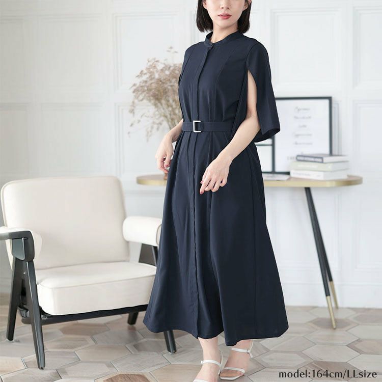 大きいサイズ レディース ケープスリーブベルトワンピース ネイビー