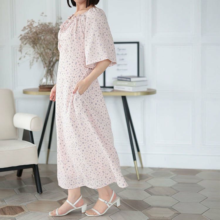 大きいサイズ レディース フラワーミストギャザーワンピース