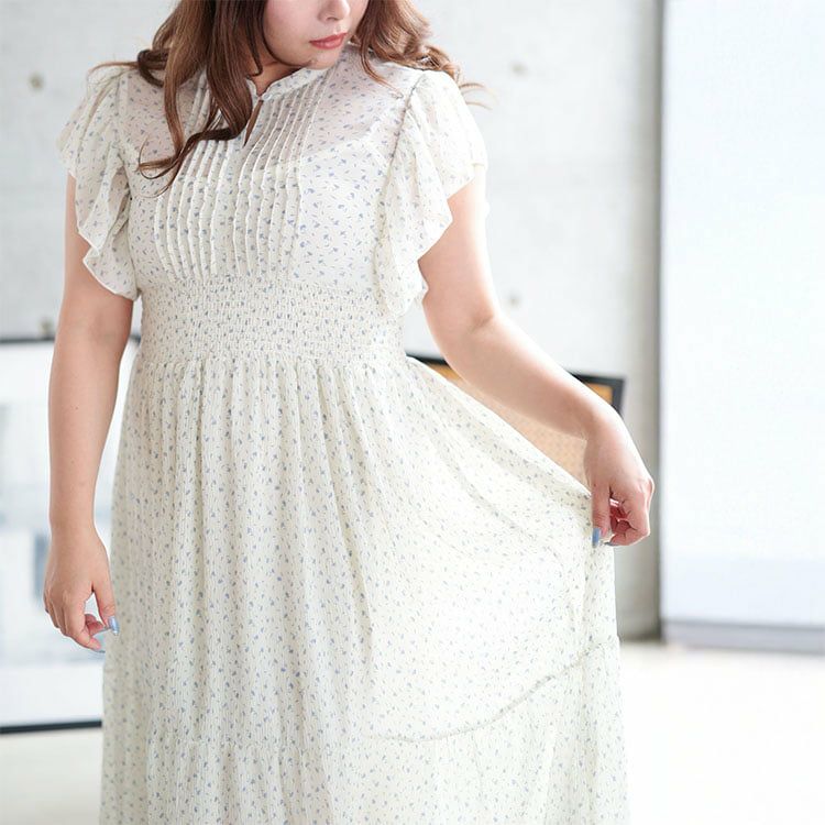 大きいサイズ レディース ピンクタックプリーツワンピース