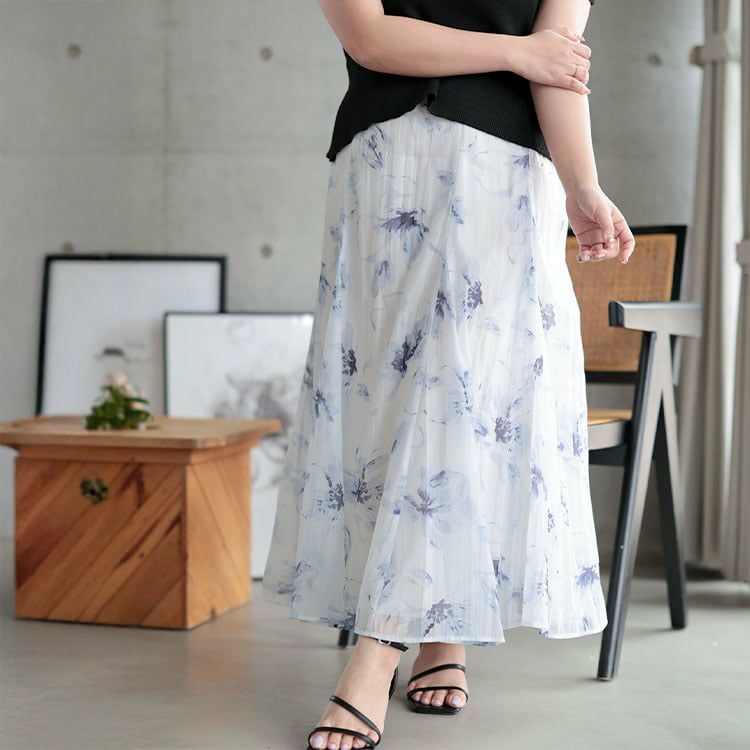 大きいサイズ レディース 花柄プリントスカート ブルー