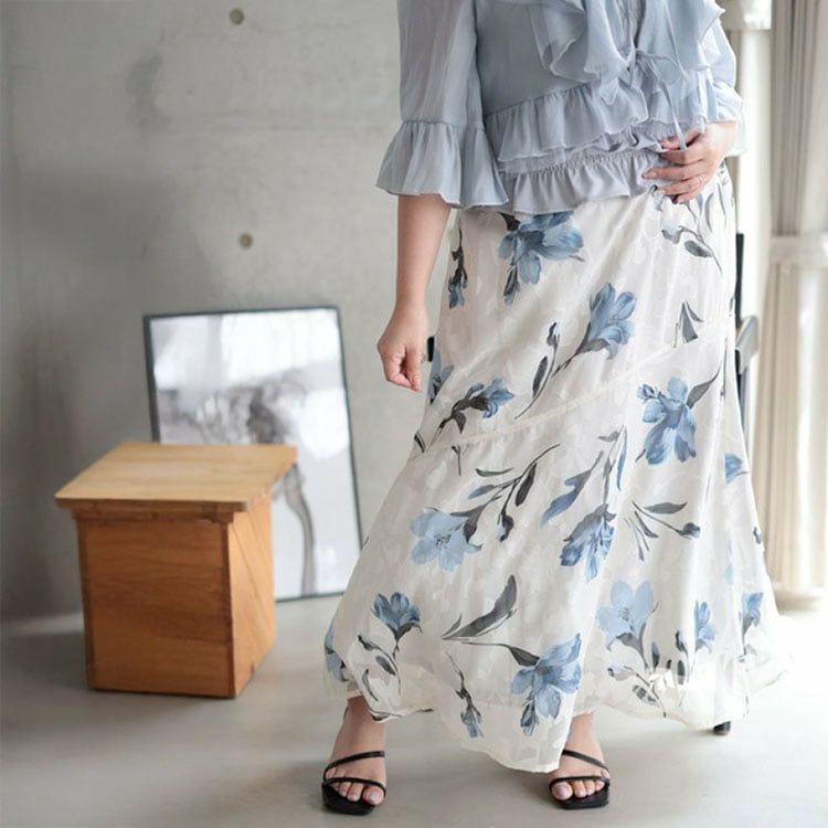 大きいサイズ レディース 花柄マーメイドスカート ブルー