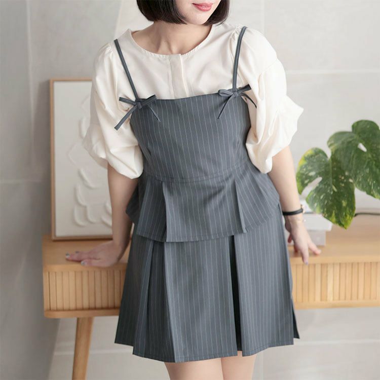大きいサイズ レディース ピンストライプキャミソール＆インナーパンツスカートセットアップ