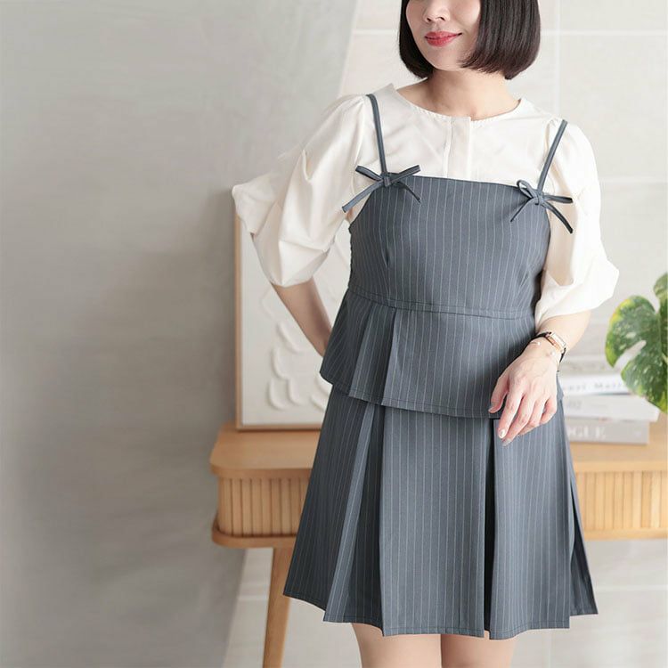 大きいサイズ レディース ピンストライプキャミソール＆インナーパンツスカートセットアップ