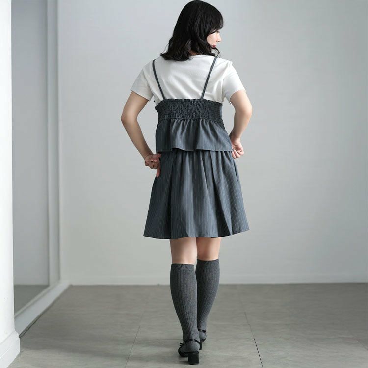 大きいサイズ レディース ピンストライプキャミソール＆インナーパンツスカートセットアップ