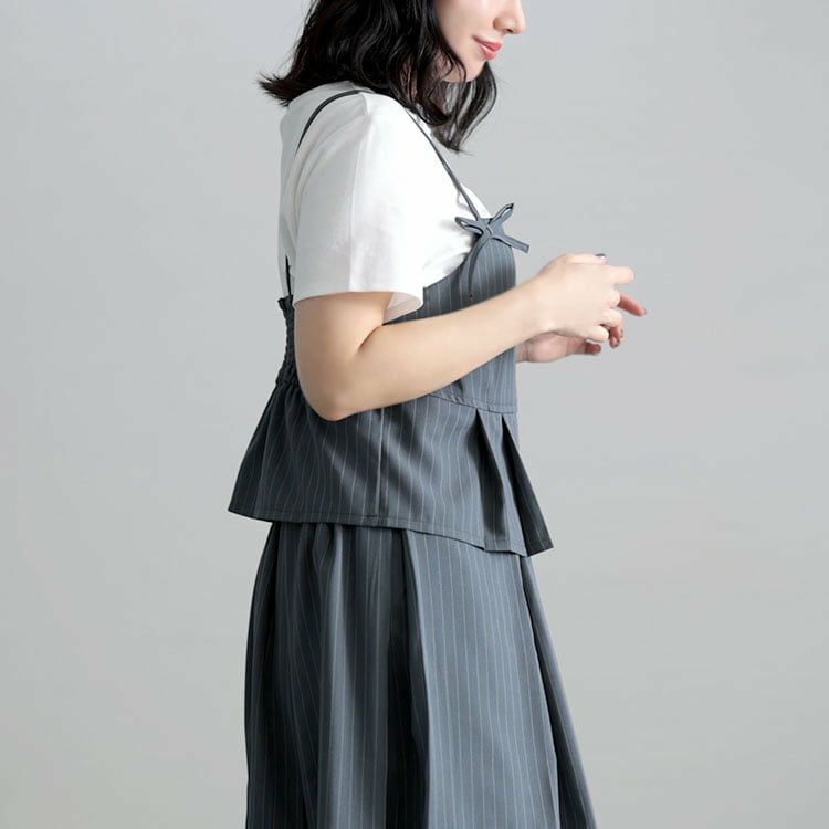 大きいサイズ レディース ピンストライプキャミソール＆インナーパンツスカートセットアップ