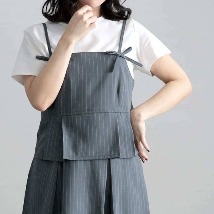 大きいサイズ レディース ピンストライプキャミソール＆インナーパンツスカートセットアップ