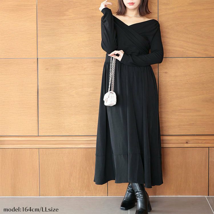 大きいサイズ レディース 2WAYカシュクールフレアワンピース ブラック