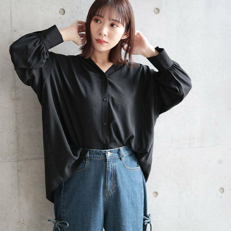 大きいサイズ レディース ギャザースリーブVネックブラウス