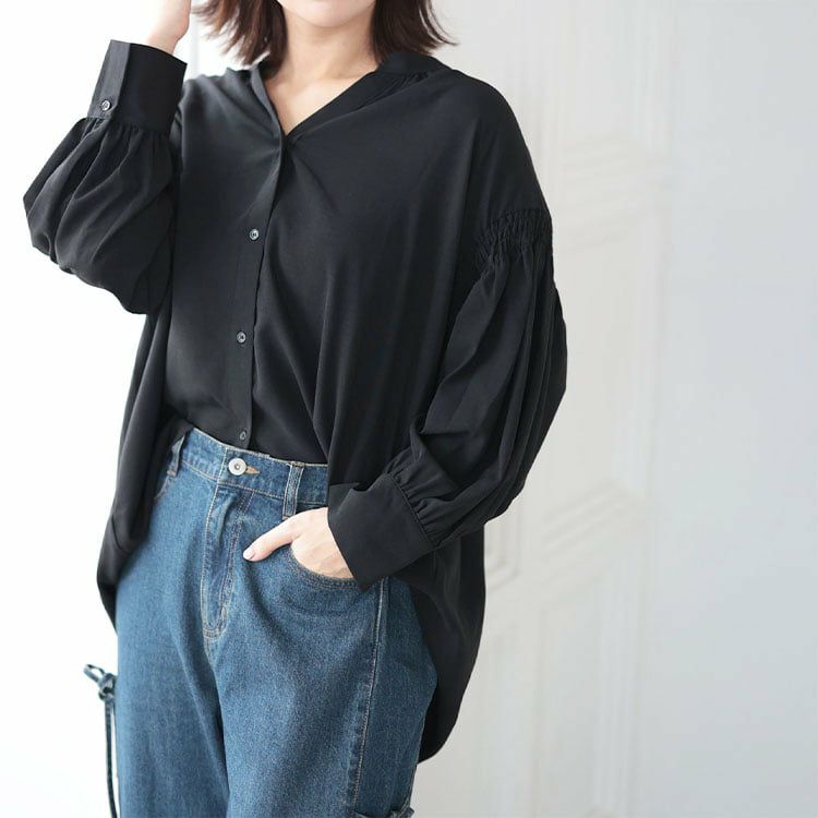 大きいサイズ レディース ギャザースリーブVネックブラウス ブラック