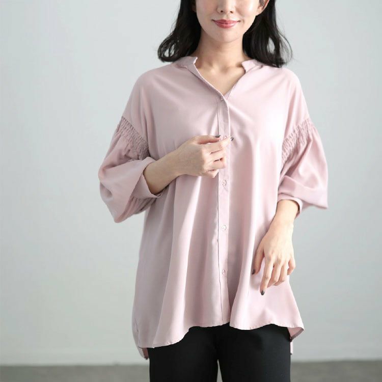 大きいサイズ レディース ギャザースリーブVネックブラウス ピンク