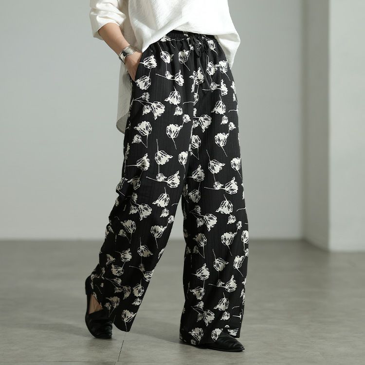 大きいサイズ レディース 花柄シャドーストライプワイドパンツ
