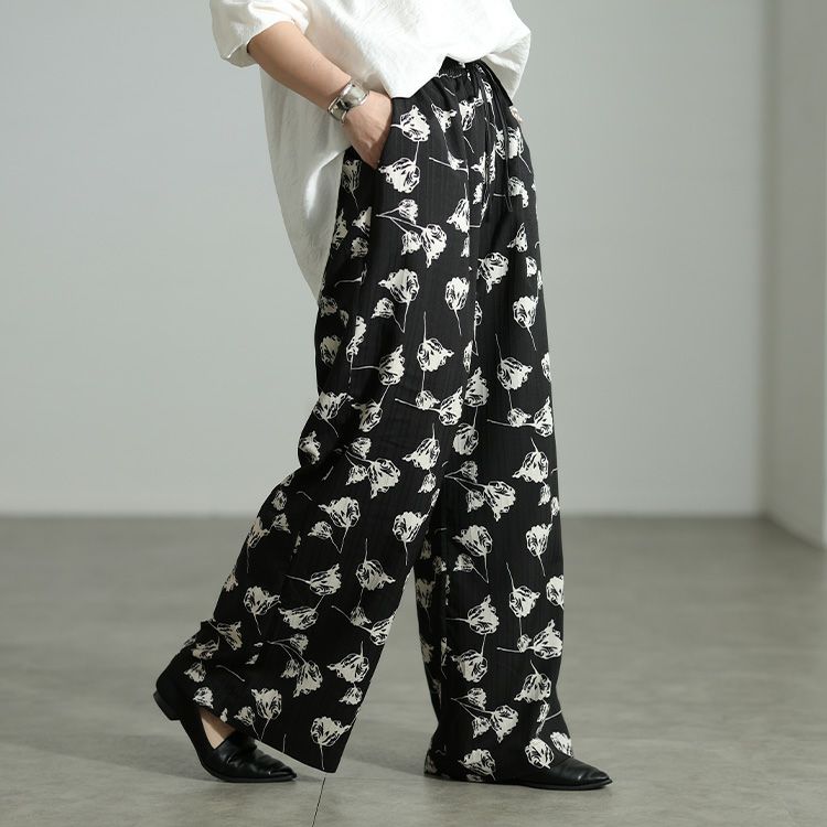 大きいサイズ レディース 花柄シャドーストライプワイドパンツ