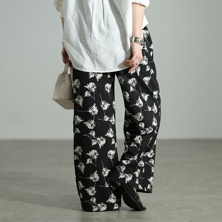 大きいサイズ レディース 花柄シャドーストライプワイドパンツ