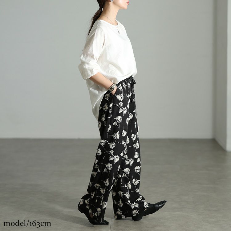 大きいサイズ レディース 花柄シャドーストライプワイドパンツ