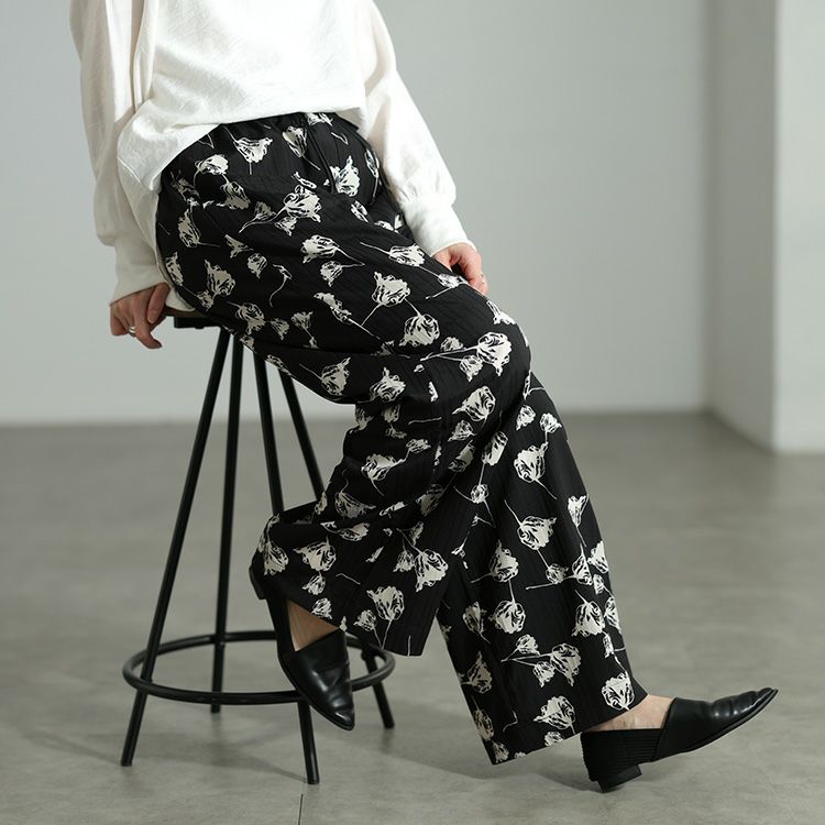 大きいサイズ レディース 花柄シャドーストライプワイドパンツ