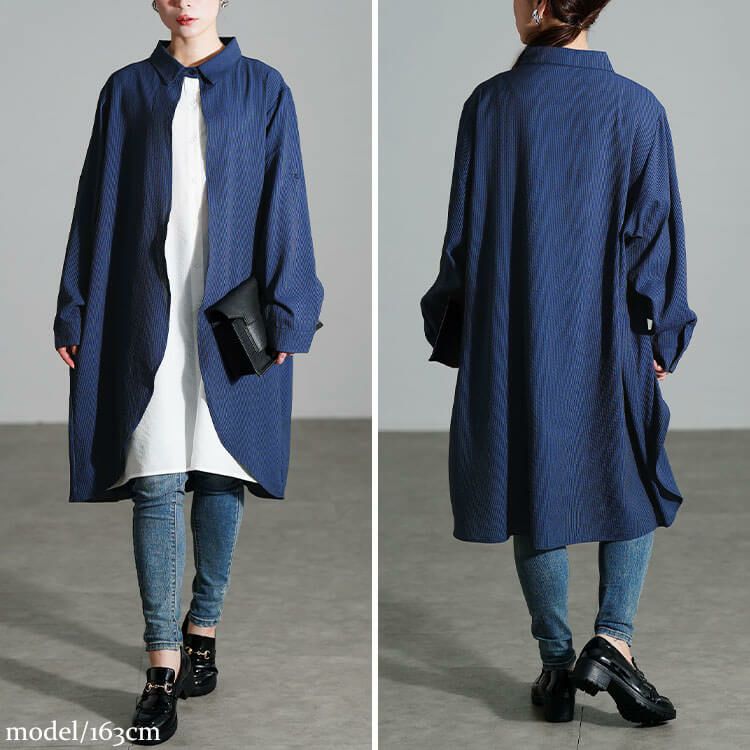 大きいサイズ レディース シャドーストライプ柄重ね着風シャツチュニック