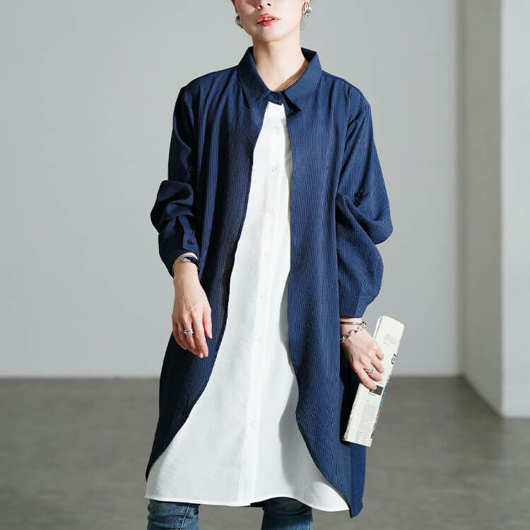 大きいサイズ レディース シャドーストライプ柄重ね着風シャツ