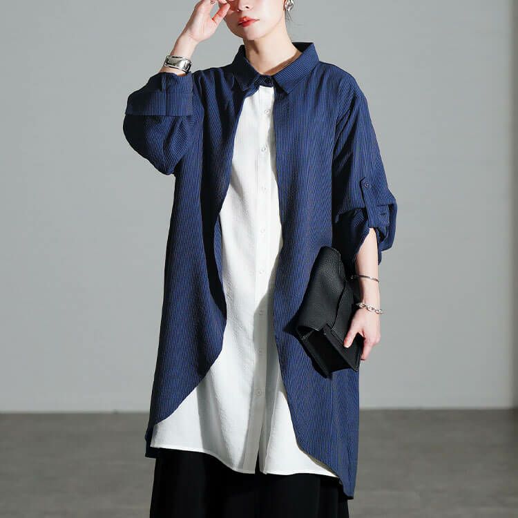 大きいサイズ レディース シャドーストライプ柄重ね着風シャツチュニック