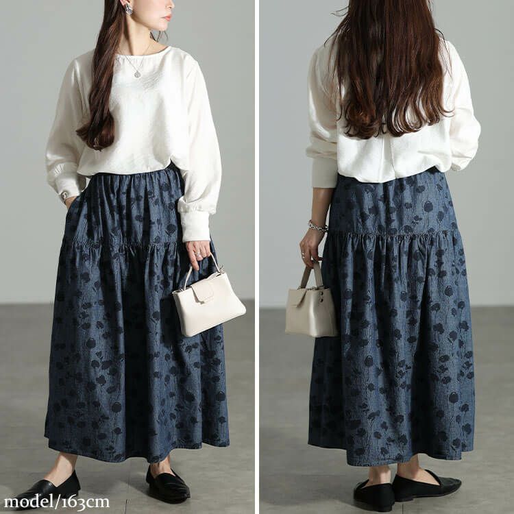 大きいサイズ レディース コットンシャンブレー花柄ティアードスカート