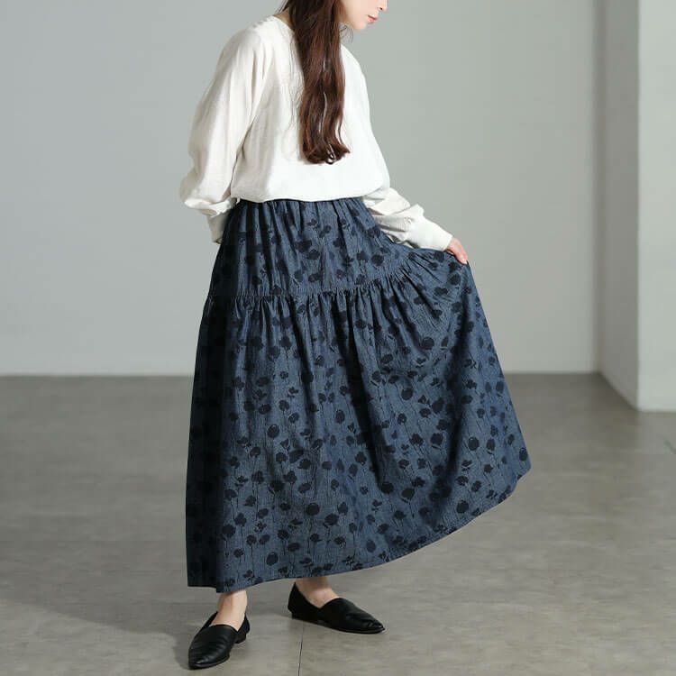 大きいサイズ レディース コットンシャンブレー花柄ティアードスカート