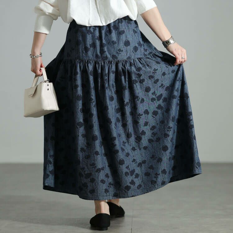 大きいサイズ レディース コットンシャンブレー花柄ティアードスカート