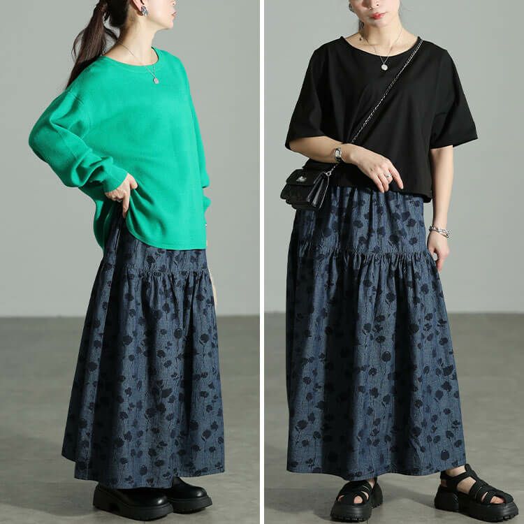 大きいサイズ レディース コットンシャンブレー花柄ティアードスカート