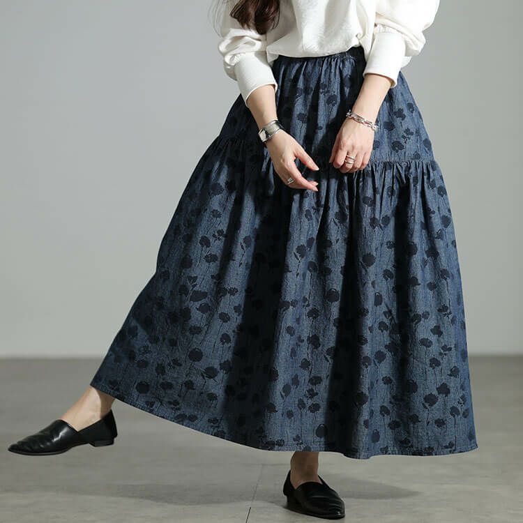 大きいサイズ レディース コットンシャンブレー花柄ティアードスカート