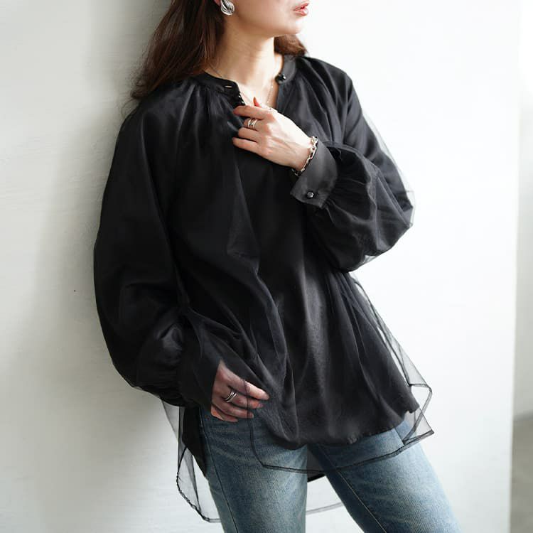 大きいサイズ レディース チュールレイヤードスキッパーチュニック ブラック